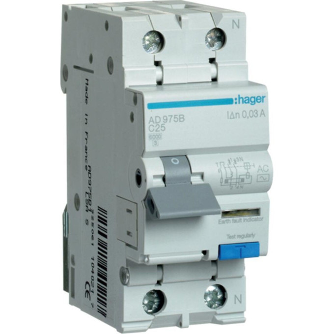 Дифференциальный автомат HAGER 1P+N 6kA C-25A 30 мА Тип AC, ширина 2М AD975B